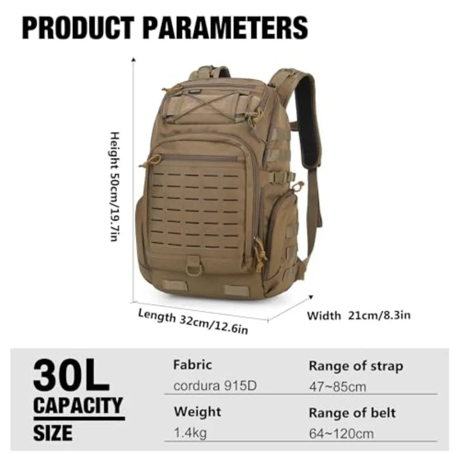 30L Molle Military Backpack, Tactical Backpack for Men, Cordura Backpack for Hiking, Camping, Trekking
