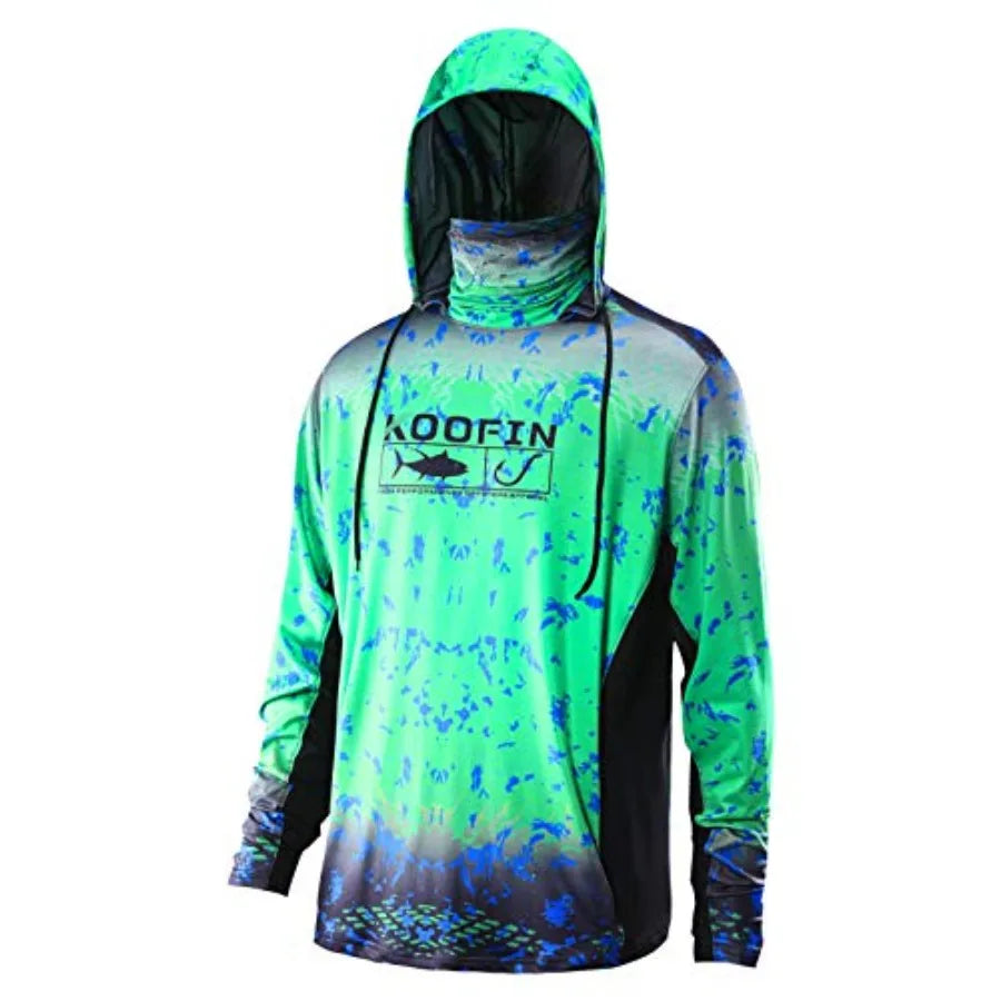 Performance Fishing Hoodie with Face Mask UPF50 Sunblock Shirt Hooded Long Sleeve with Drawstrings Pocket