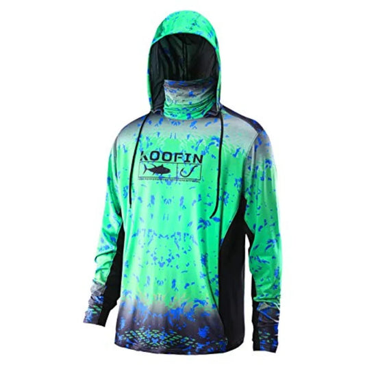 Performance Fishing Hoodie with Face Mask UPF50 Sunblock Shirt Hooded Long Sleeve with Drawstrings Pocket