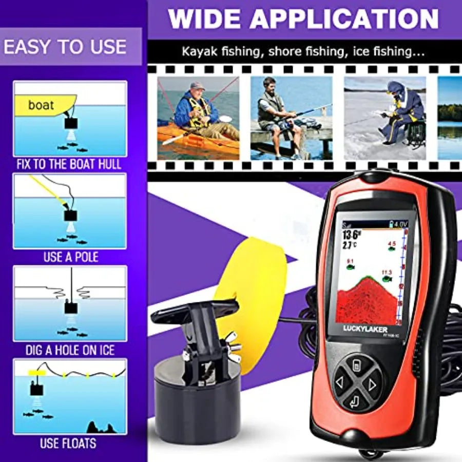 Kayak fishing portable display fish finder with handheld transducer, white ABS plastic housing, 5-inch LCD screen, depth sensin