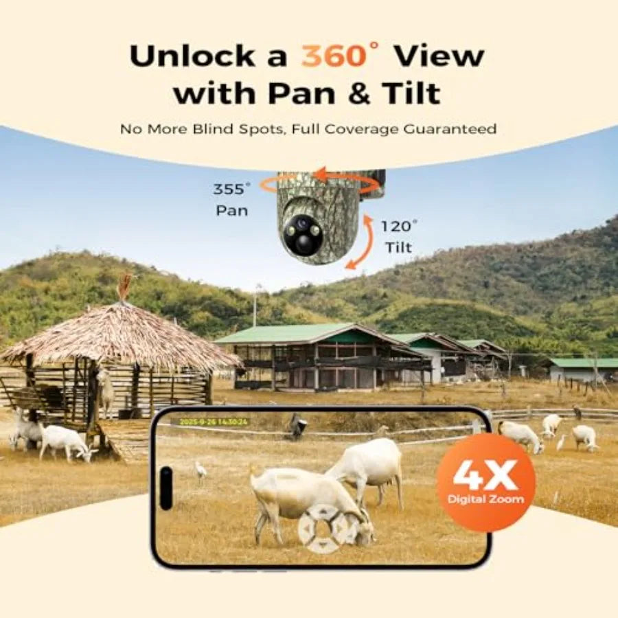 4G LTE Cellular Trail Cameras for outdoor wildlife monitoring, ABS plastic camo print, green/brown, 360 live streaming, built-i