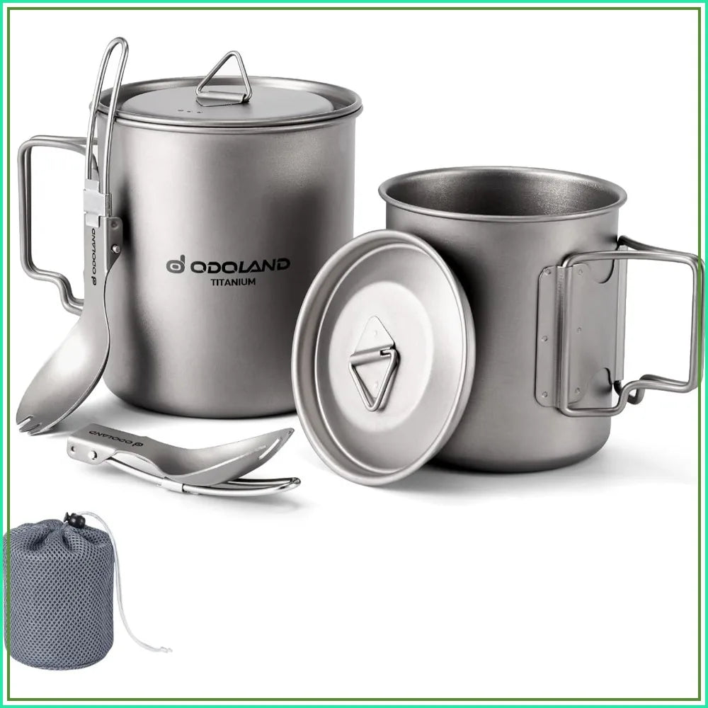 Titanium Camping Cookware Set 420ml & 750ml Pots with Lid and Spork Lightweight for Backpacking Hiking Travel