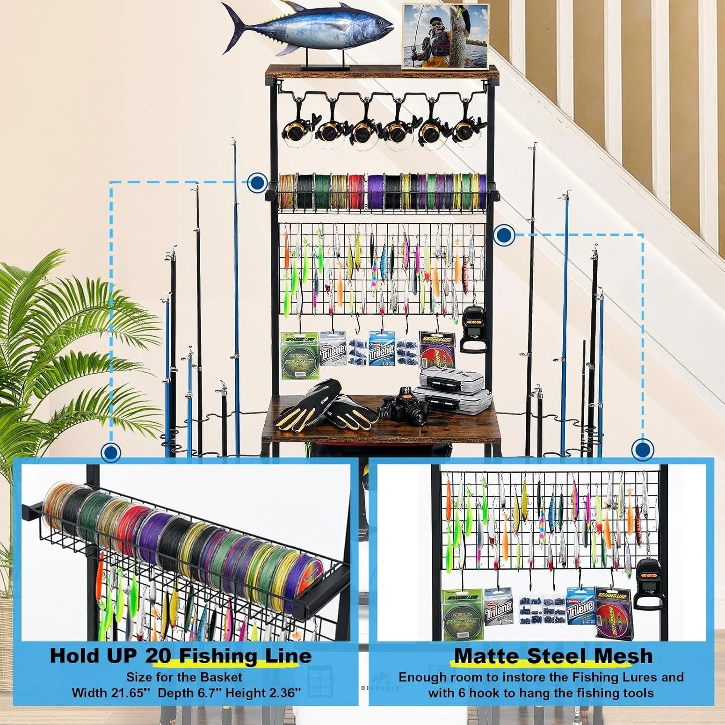 Fishing rod rack, large capacity fishing rod rack, can accommodate 24 fishing rods, fishing rod and fishing gear storage rack