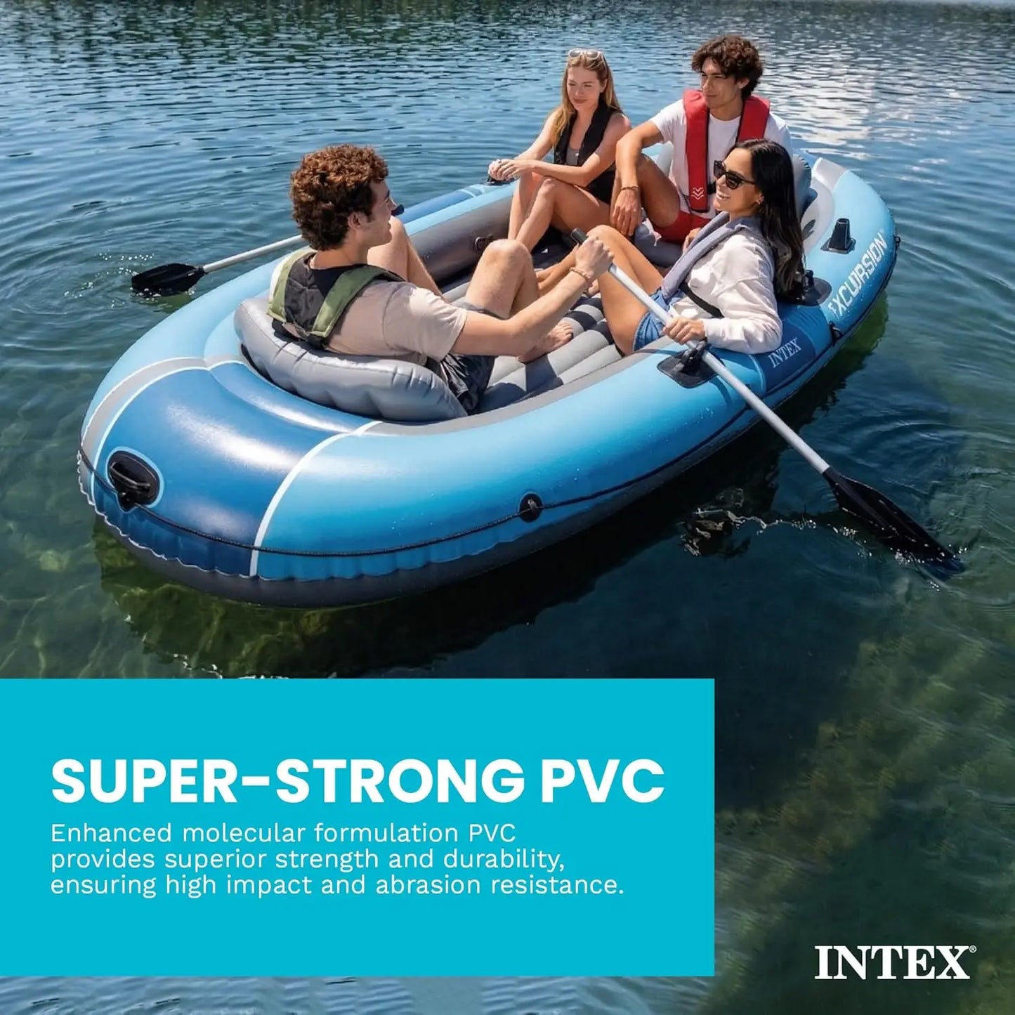 4 Person Inflatable Boat Set with Deluxe 54in Aluminum Oars and High-Output Pump, Adjustable Seats with Backrest, Fishing Rod Holders, 1100lb Capacity