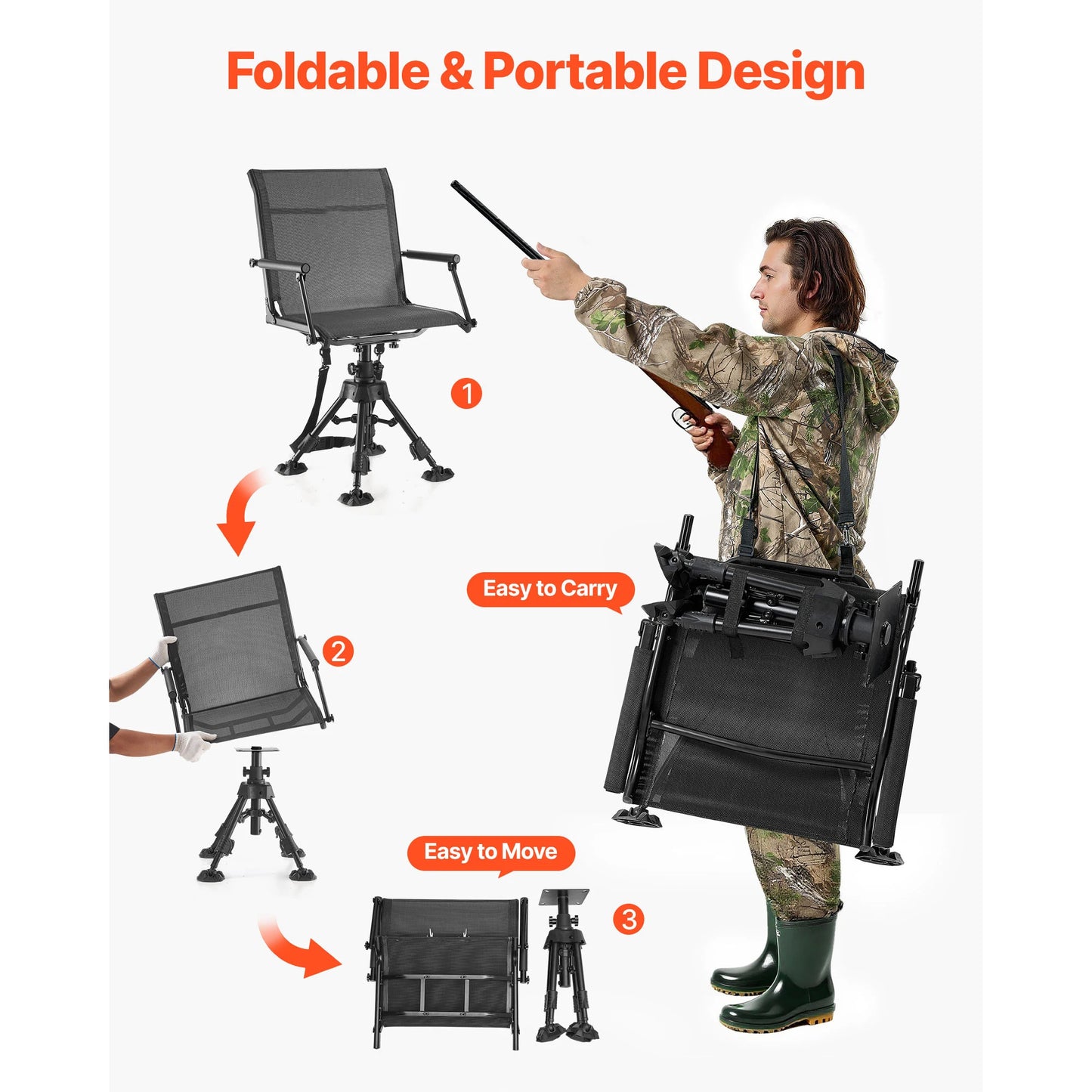 Hunting Chair 360° Silent Swivel Foldable Blind Chair Steel Frame Ground Stool Seat 300Lbs/350Lbs Capacity for Fishing