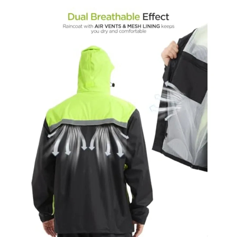 Mens Rain Suits with Air Vents Reflective Waterproof Rain Gear Breathable Jacket Pants for Work Golf Fishing Hiking
