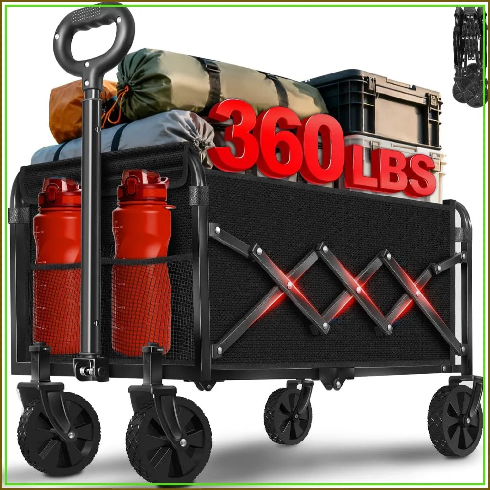 360 lbs Collapsible Wagon with Wheels, Lightweight Portable Folding Cart for Camping, Beach, Grocery, Outdoor Sports