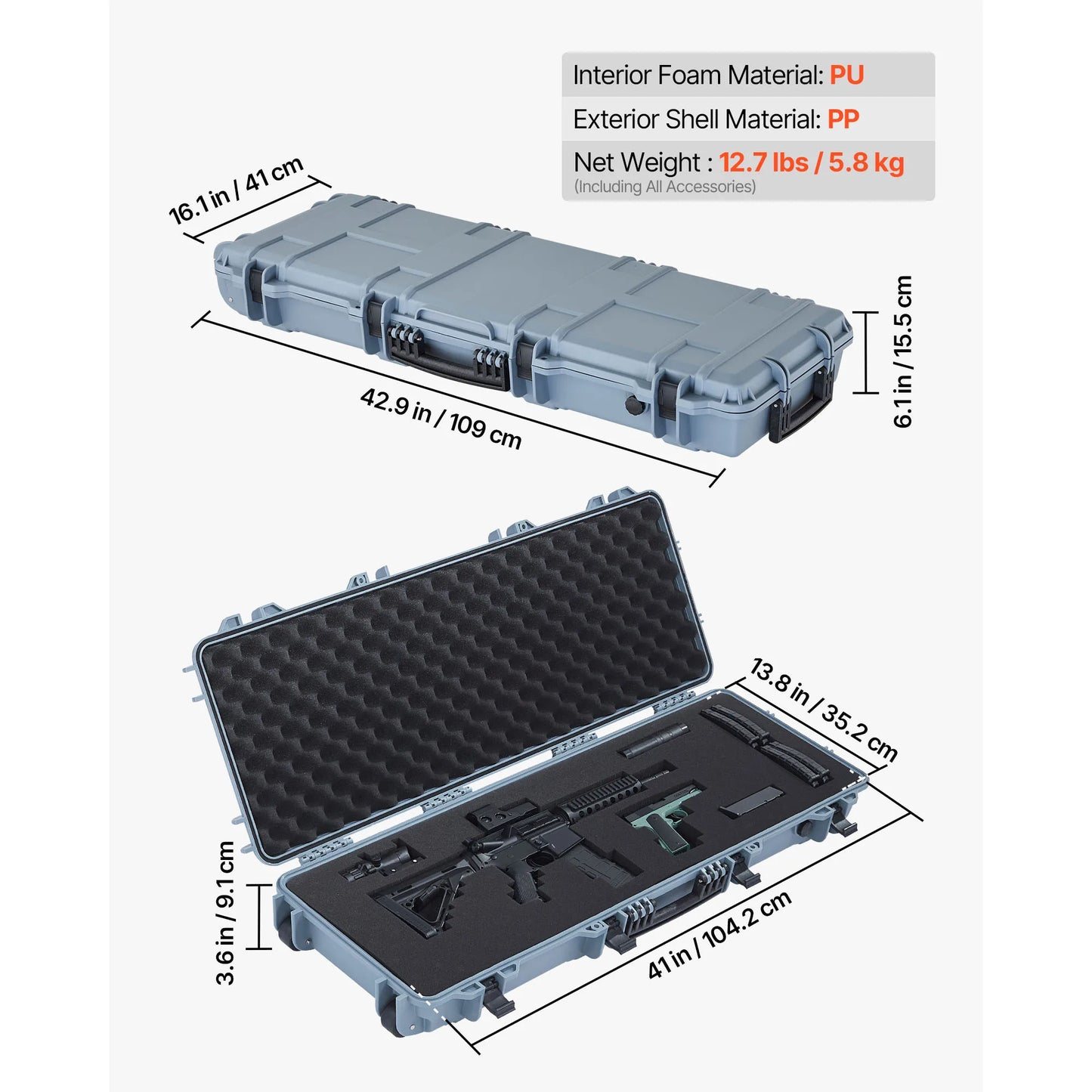 Hard Rifle Case Lockable Rifle Case with Pre-cut Foams Wheels IP67 Waterproof Pistol Storage Cases for Rifles Shotguns