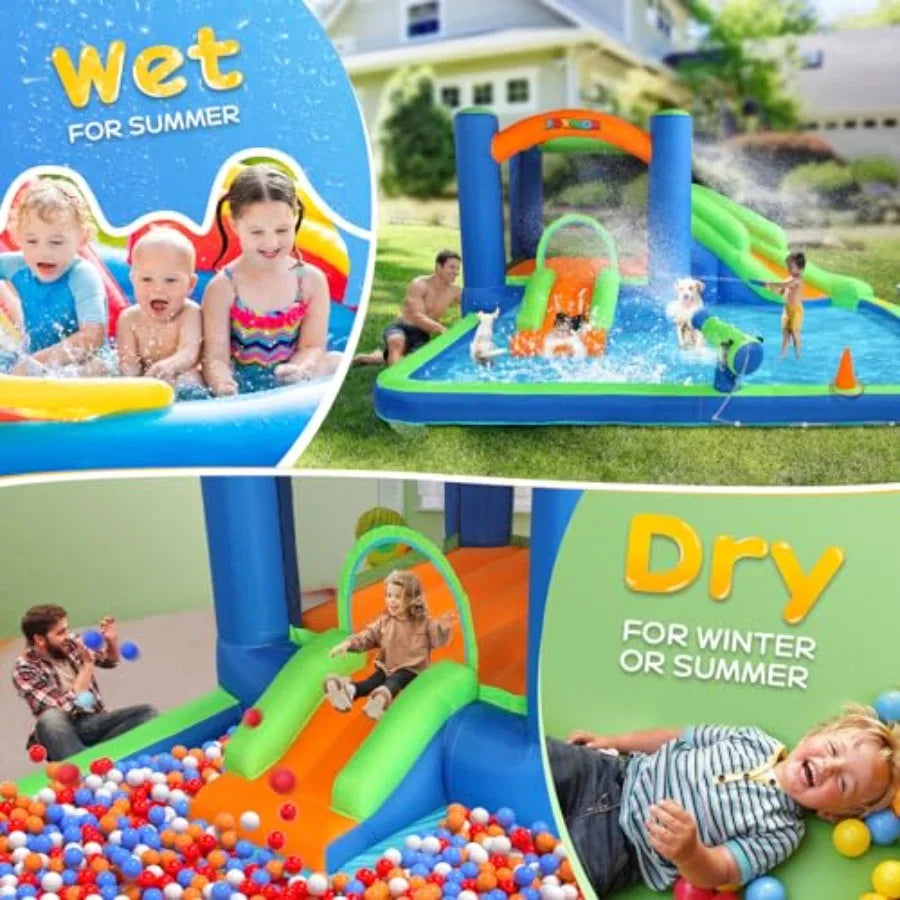 Inflatable Water Slide Bounce House for 3-6, 30s Blow Up Water Slide w/Basketball Hoop, Water Cannon, Ring-Toss Game, Inflatabl