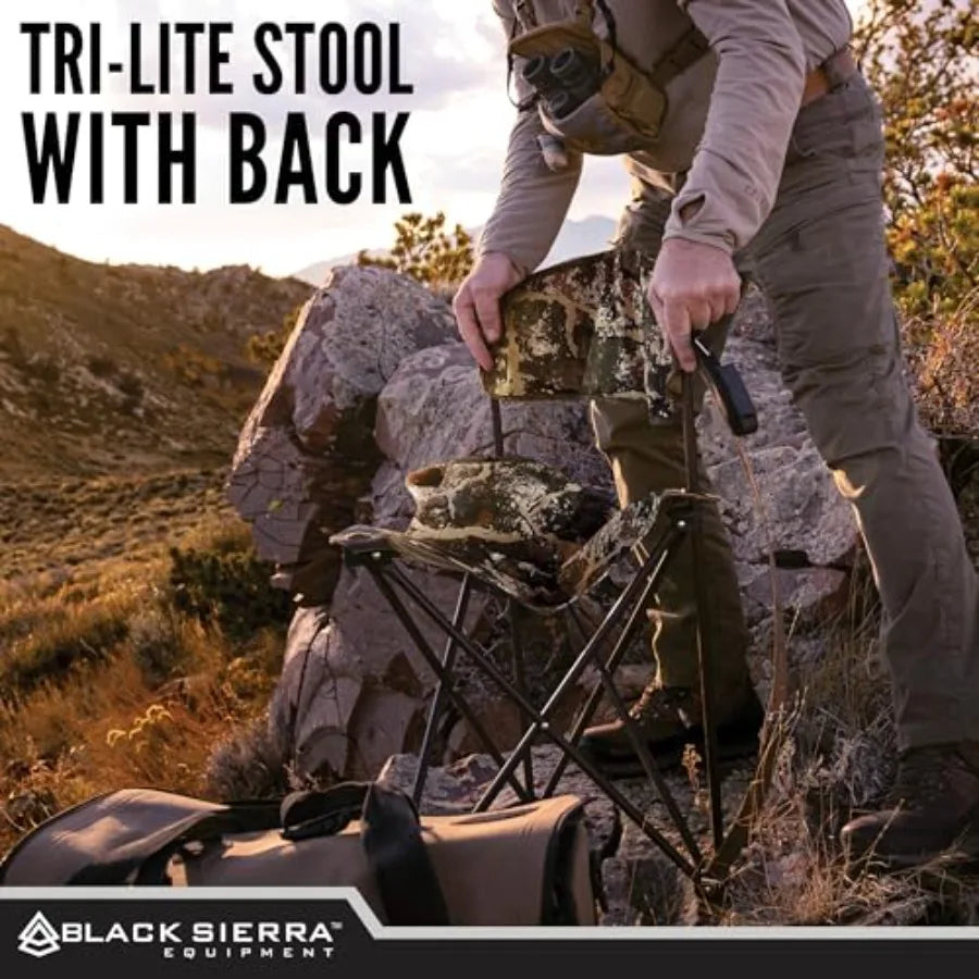 Black Sierra Tri-Lite Folding Stool with Backrest and Cup Holder, Lightweight Portable Hunting Fishing Chair with Carry Strap,