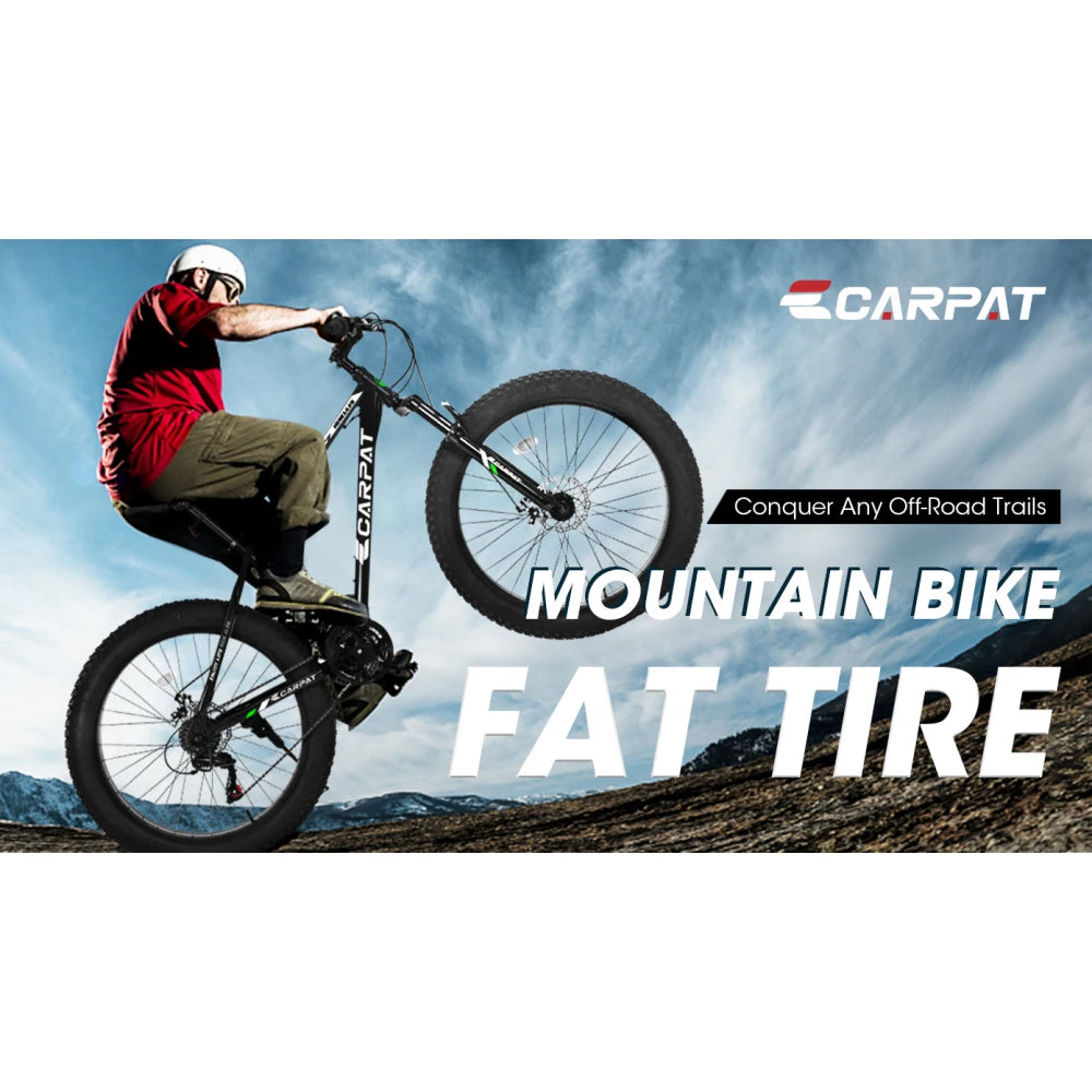 26 Inch Adult Fat Tire Mountain Bike, 21 Speed Gears, High Carbon Steel Frame, Front Suspension, Front Rear Dual Disc Brakes, All Terrain Bicycle for Mountain & City Commute