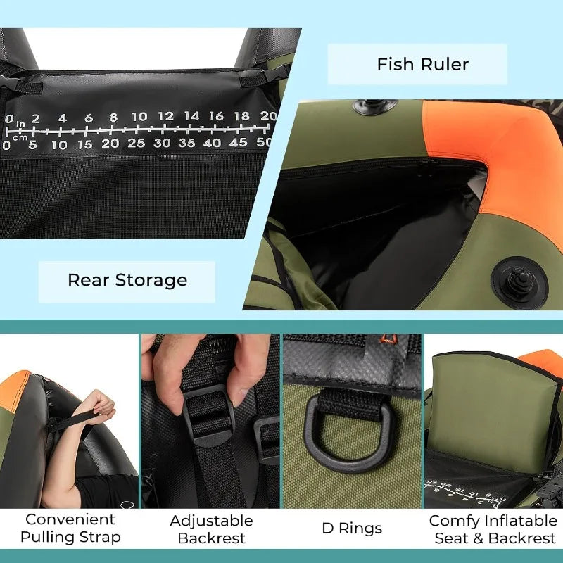 Fishing Float Tube, Inflatable Belly Boat with Fish Finder Holder, Rod Rack, Fish Ruler, Manual Pump & Detachable Storage