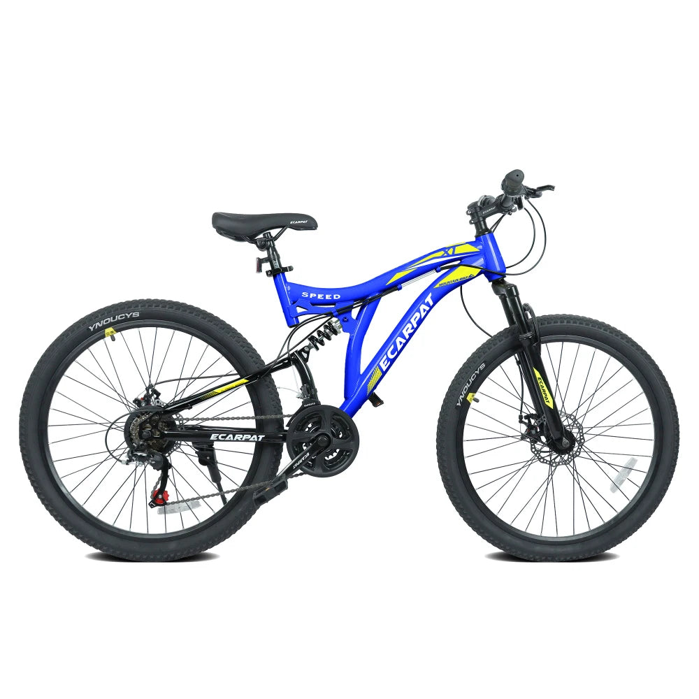 Ye A26003 26-Inch 21-Speed Full Suspension Mountain Bike with Steel Frame, Alloy Rims, Disc Brakes for All Terrains, Suitable Men & Women, Multiple Colors