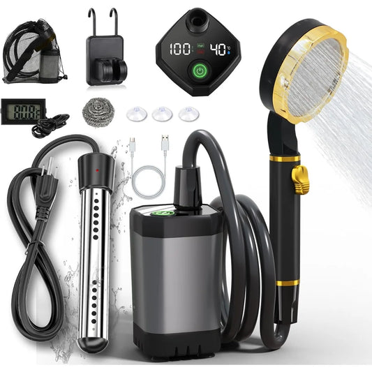 Portable Camping Shower with Rechargeable Battery Immersion Heater LED Display for Outdoor Travel Pet Car Plant Use