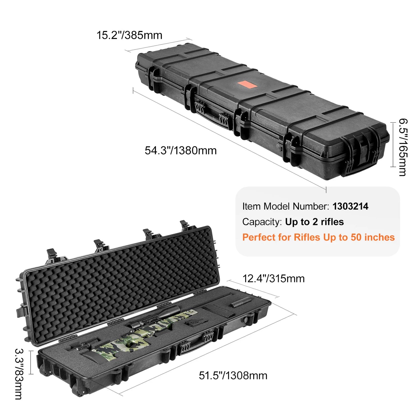 Rifle Hard Case Portable Long Gun Storage Suitcase with 2 Casters Shockproof & Waterproof Airsoft Rifle Protective Case