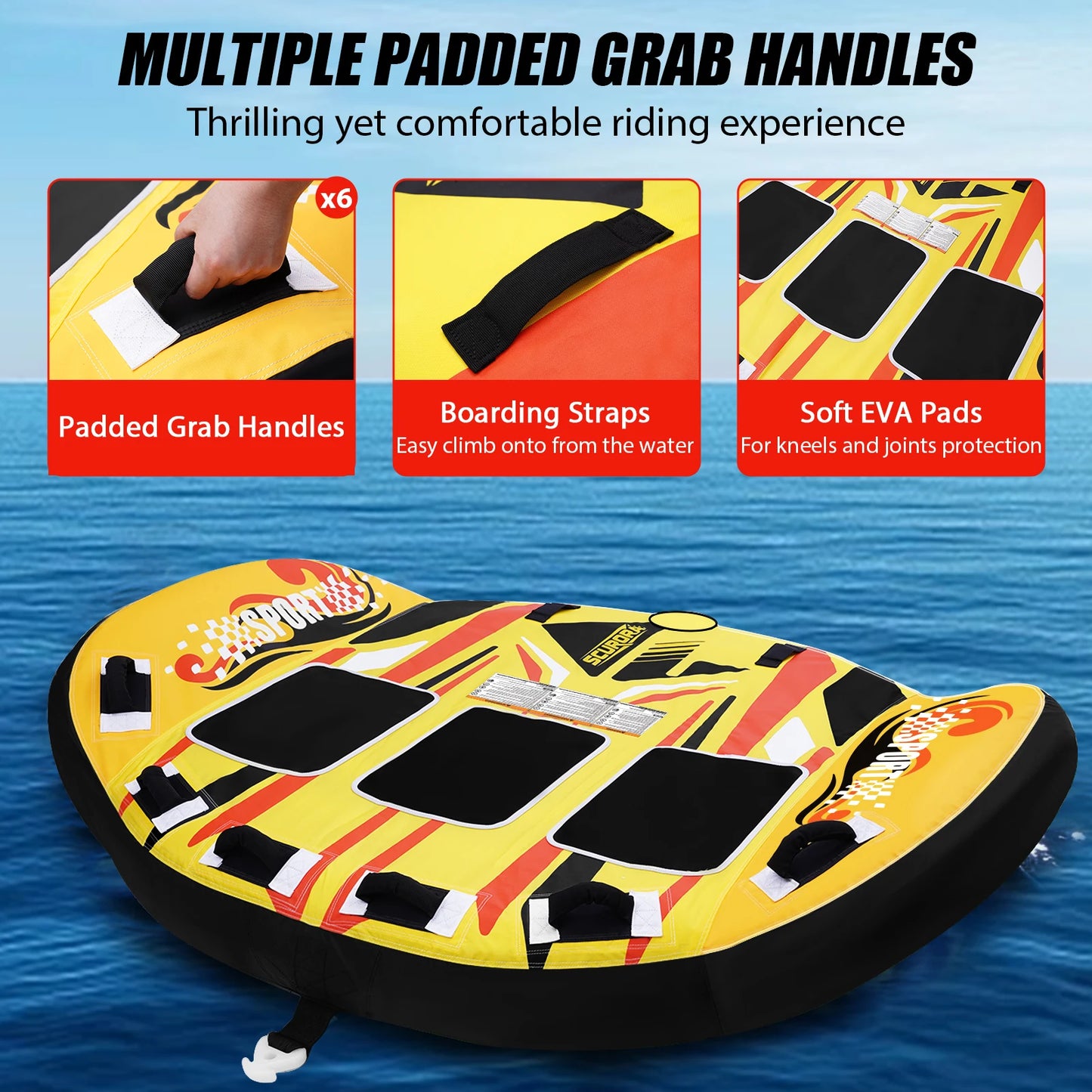 3 Person Towable Tube for Boating, Heavy Duty 840D Nylon Cover Pull Tube with Tow Points, Inflatable Water Tube for Lake River Water Sports Fun