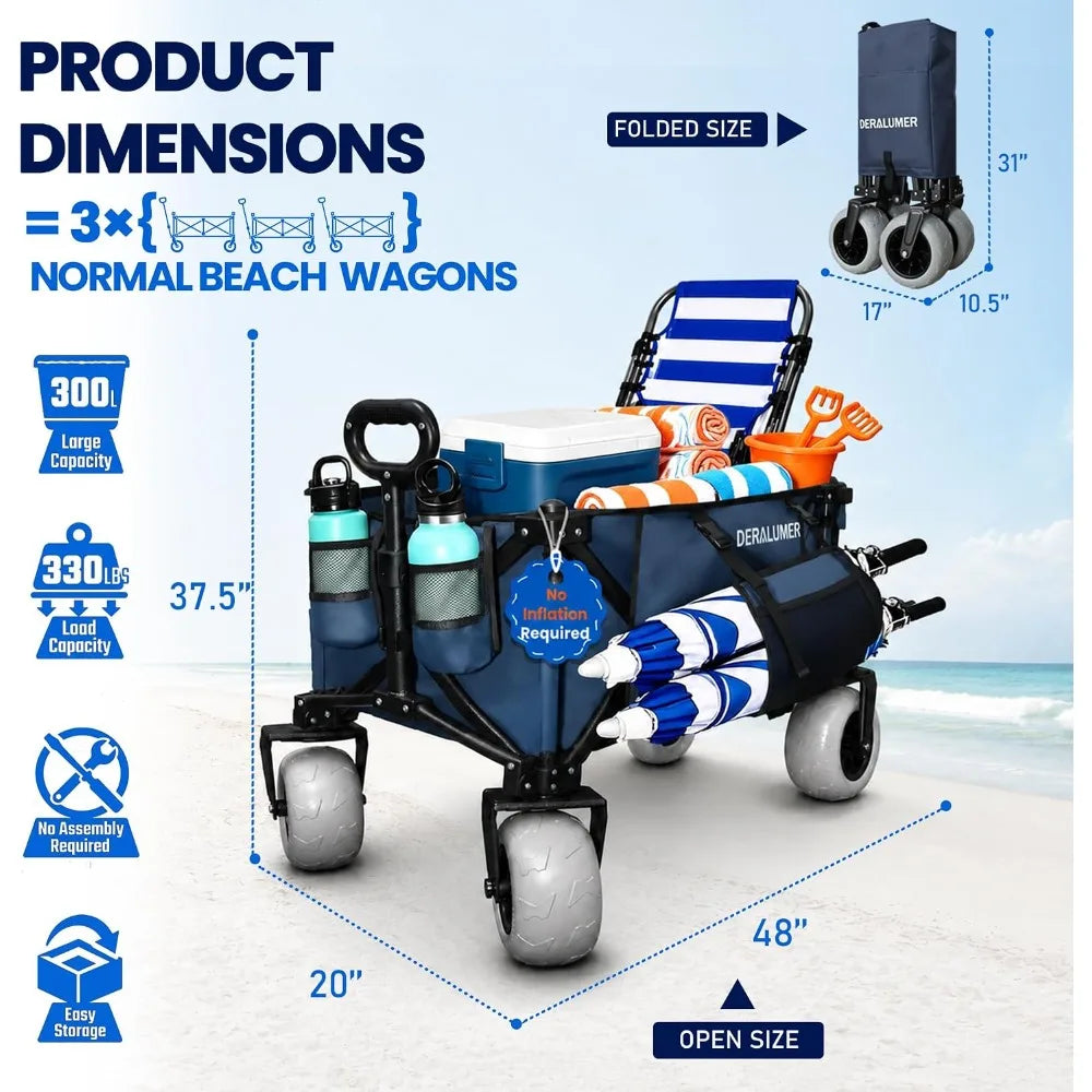 300L Heavy Duty Beach Wagon with Sand-Proof All-Terrain Wheels, Foldable Utility Cart for Camping & Sports (Navy Blue)