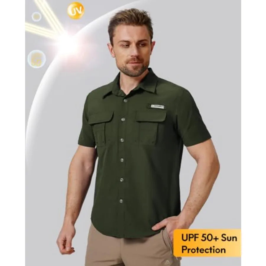 Haimont Men's Fishing Shirts Sun Protection Button Down Hiking Travel Camping Shirt Short Sleeve UV UPF50+ Top