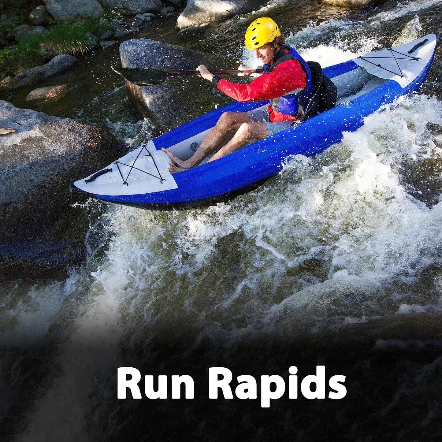 Self-Bailing Inflatable Kayak, Solo, Drop Floor for Camping Fishing & Whitewater, Custom
