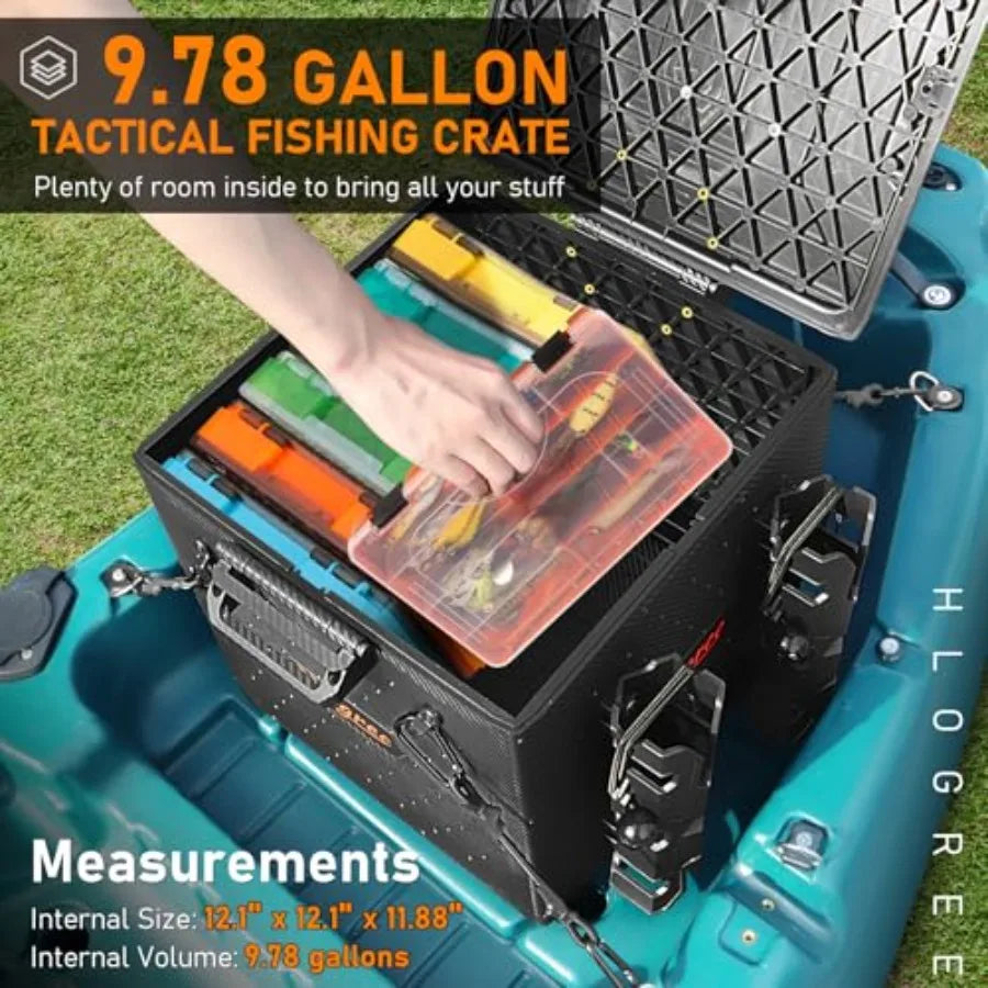 FlexCrate Kayak Fishing Crate with 4 Rod Holders Assembly Needed,13''x13''x13'' Compact Kayak Tackle Storage Box and Gear Organ