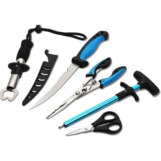5pc fishing tool kits - fishing pliers, fillet knife with sheath, stainless steel fish lip gripper, fishing hook remover and big