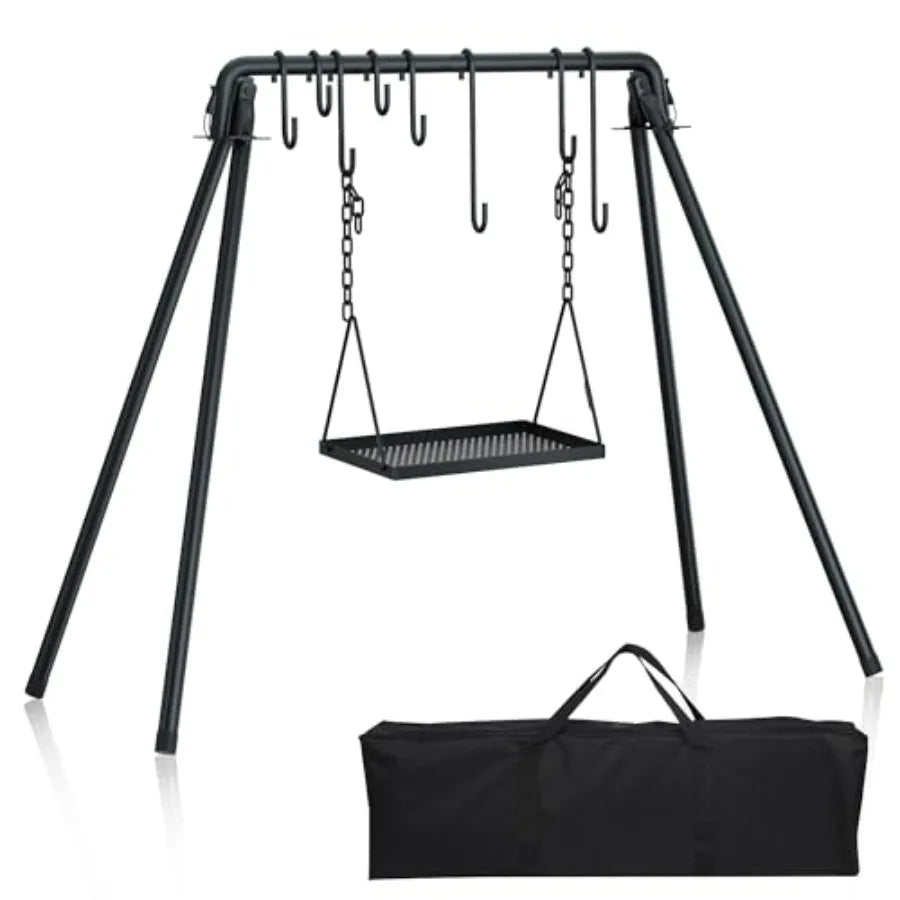 Outdoor Picnic Camping Cookware Hanging Rack with Cast Iron BBQ Grill Cooking Stand 8 Hooks Storage Bag Collapsible Bonfire Bar
