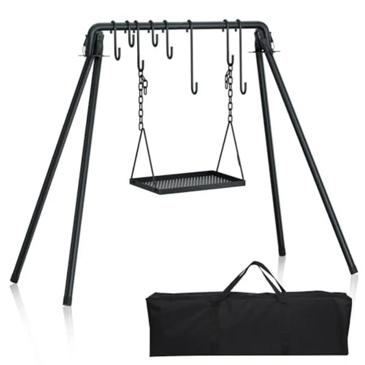 Outdoor Picnic Camping Cookware Hanging Rack with Cast Iron BBQ Grill Cooking Stand 8 Hooks Storage Bag Collapsible Bonfire Bar