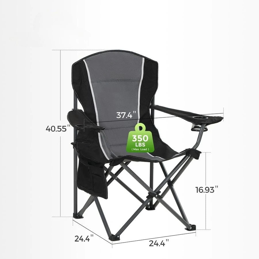 Oversized Camping Folding Chair Heavy Duty Steel Frame Support 350 LBS, Collapsible Padded Arm With Cup Holder, Quad Lumbar Back