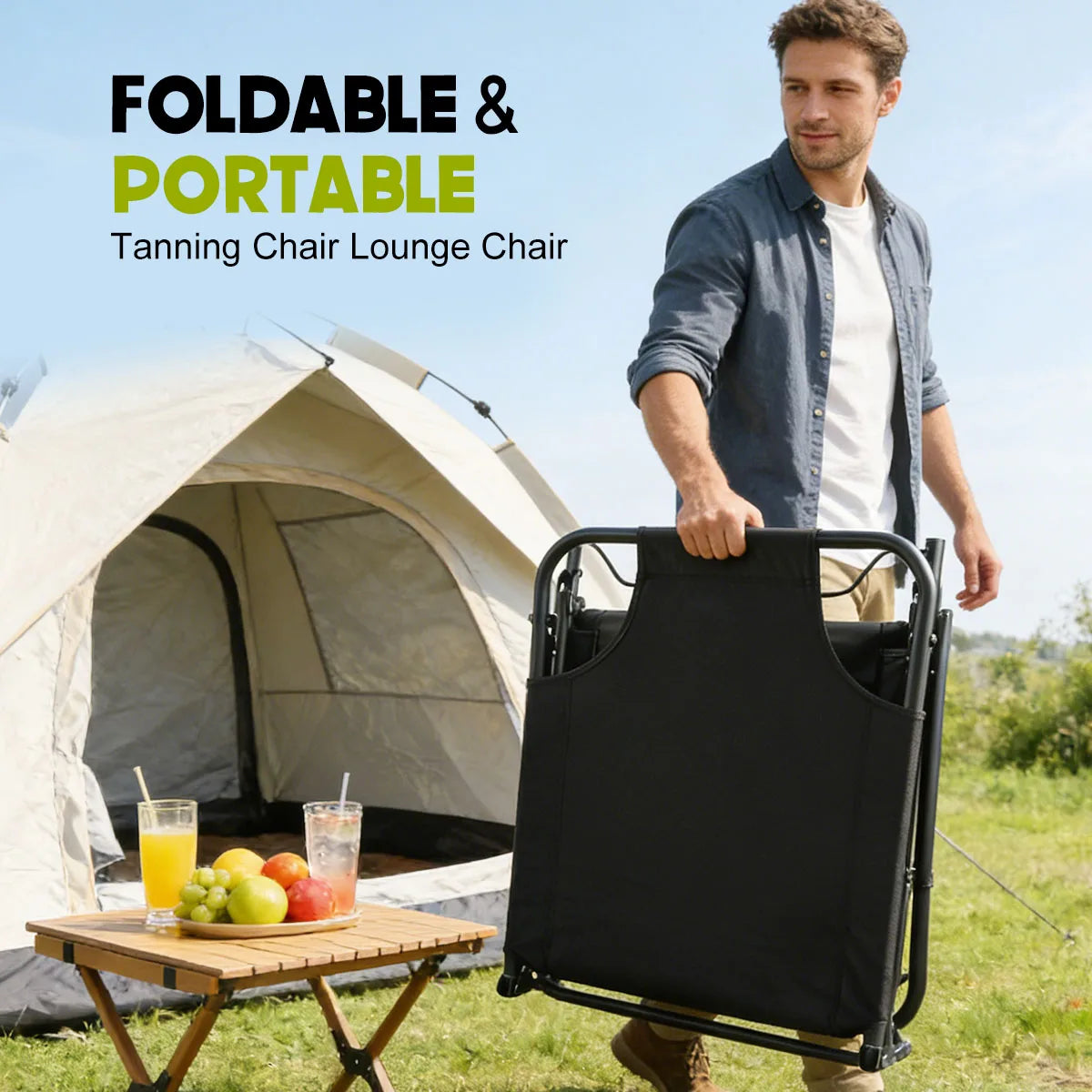 56cm Adjustable Folding Camping Lounge Chair with Removable Soft Cushion, 3 Position Reclining Portable Beach Tanning Chair, Heavy Duty 330 LBS Fold Up Outdoor Chaise Lounge for Pool Patio Office Napping Indoor & Backyard