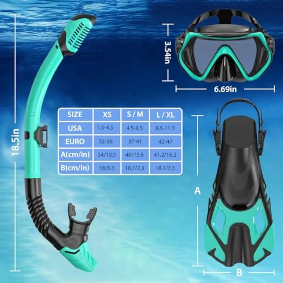 Snorkeling Gear for Adults, Mask Fin Snorkel Set, Dry Top Snorkel, Snorkeling Kit Travel Diving Package, Panoramic View Anti-Fo