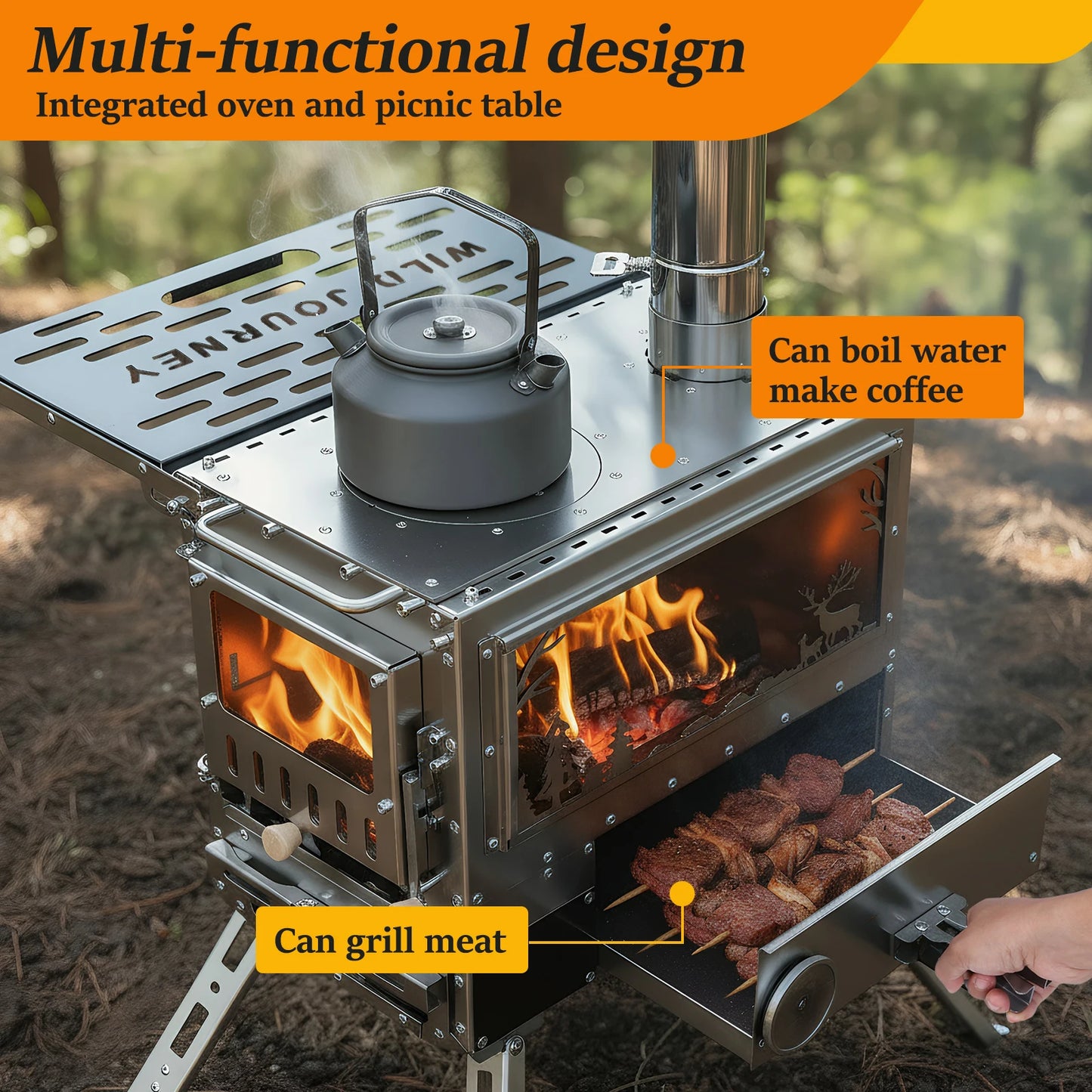 Portable  Stoves with Oven & Camping Table with Chimney Pipe Hot Tent Stove Stainless Steel for Heating Cooking Hunting