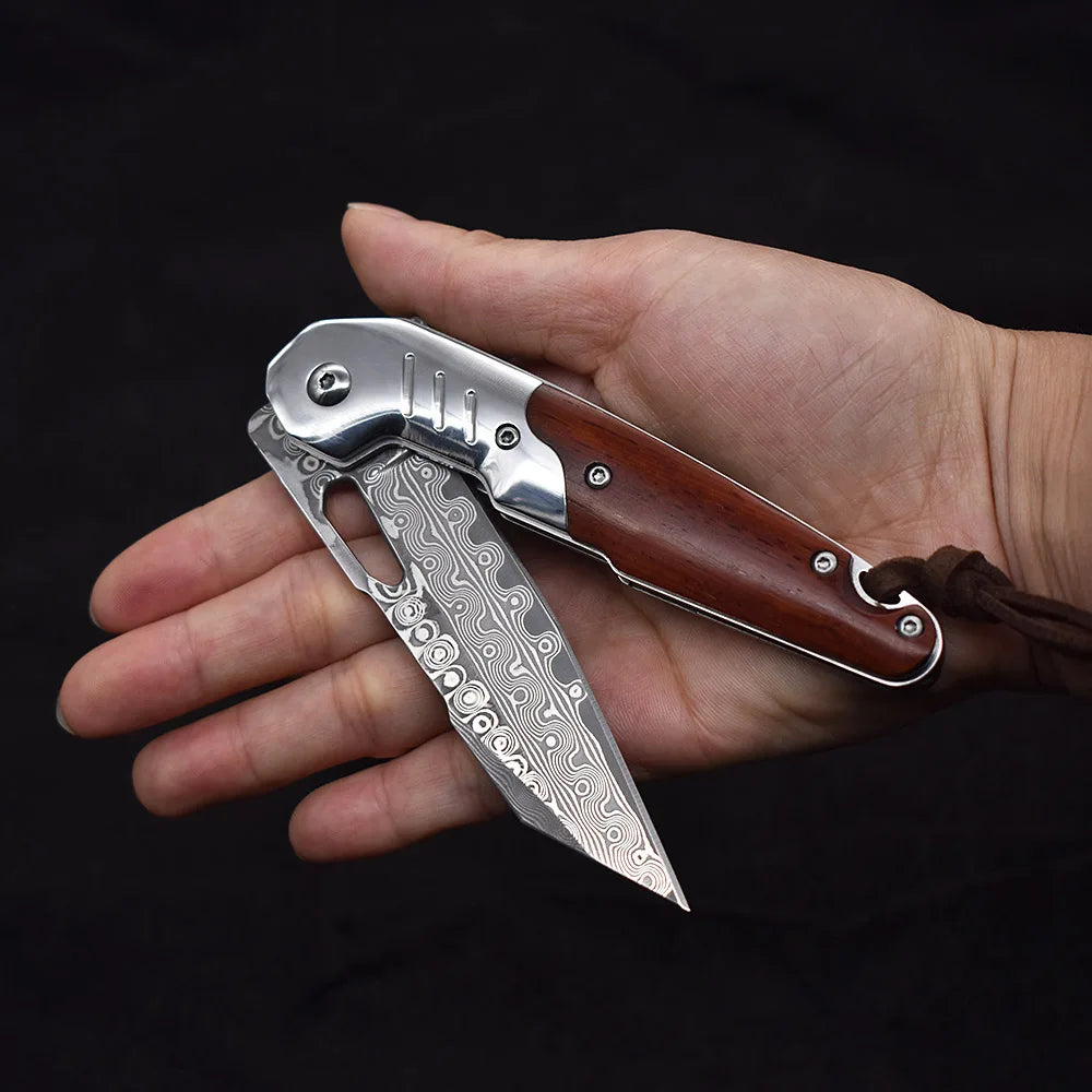 Damascus Steel Rosewood+steel Handle Ball Bearing Knife Outdoor Fishing Hiking Portable Pocket Knife