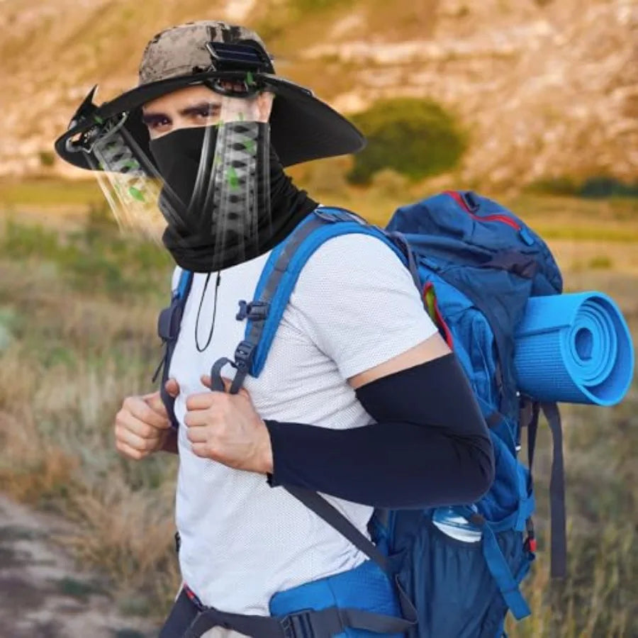 Outdoor fishing hat with wide brim, polyester fabric, black color, solar-powered USB fans and included arm sleeves neck gaiter