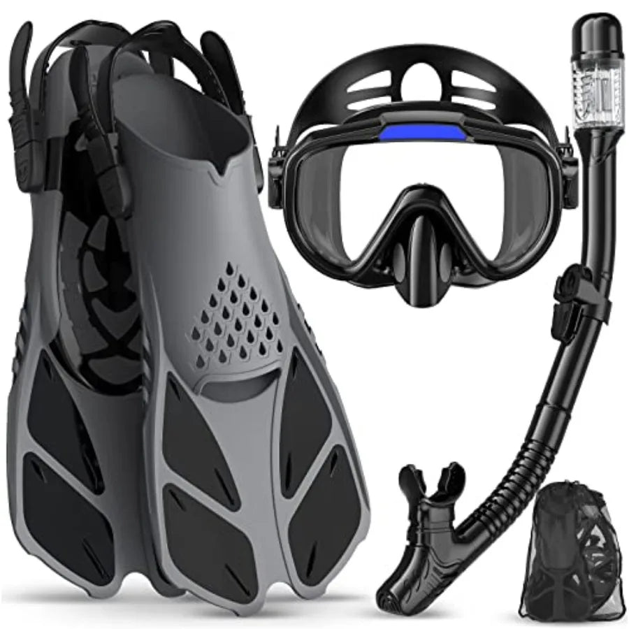 Snorkeling Gear for Adults Men Women, 4 in 1 Snorkel Set with Panoramic View Diving Mask Anti-Fog Anti-Leak, Dry Top Snorkel, F