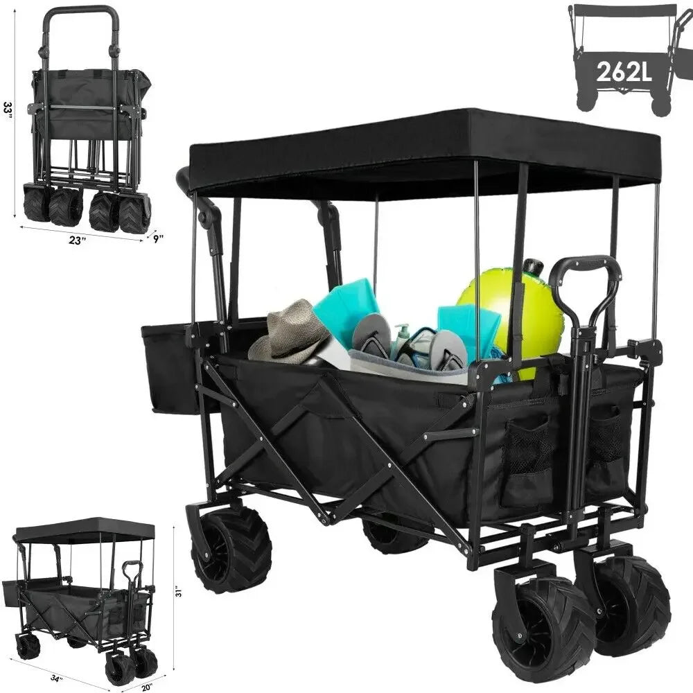 Foldable Caravan Folding Wagon Cart Garden Trolley with Detachable Canopy Portable Camping Beach Utility