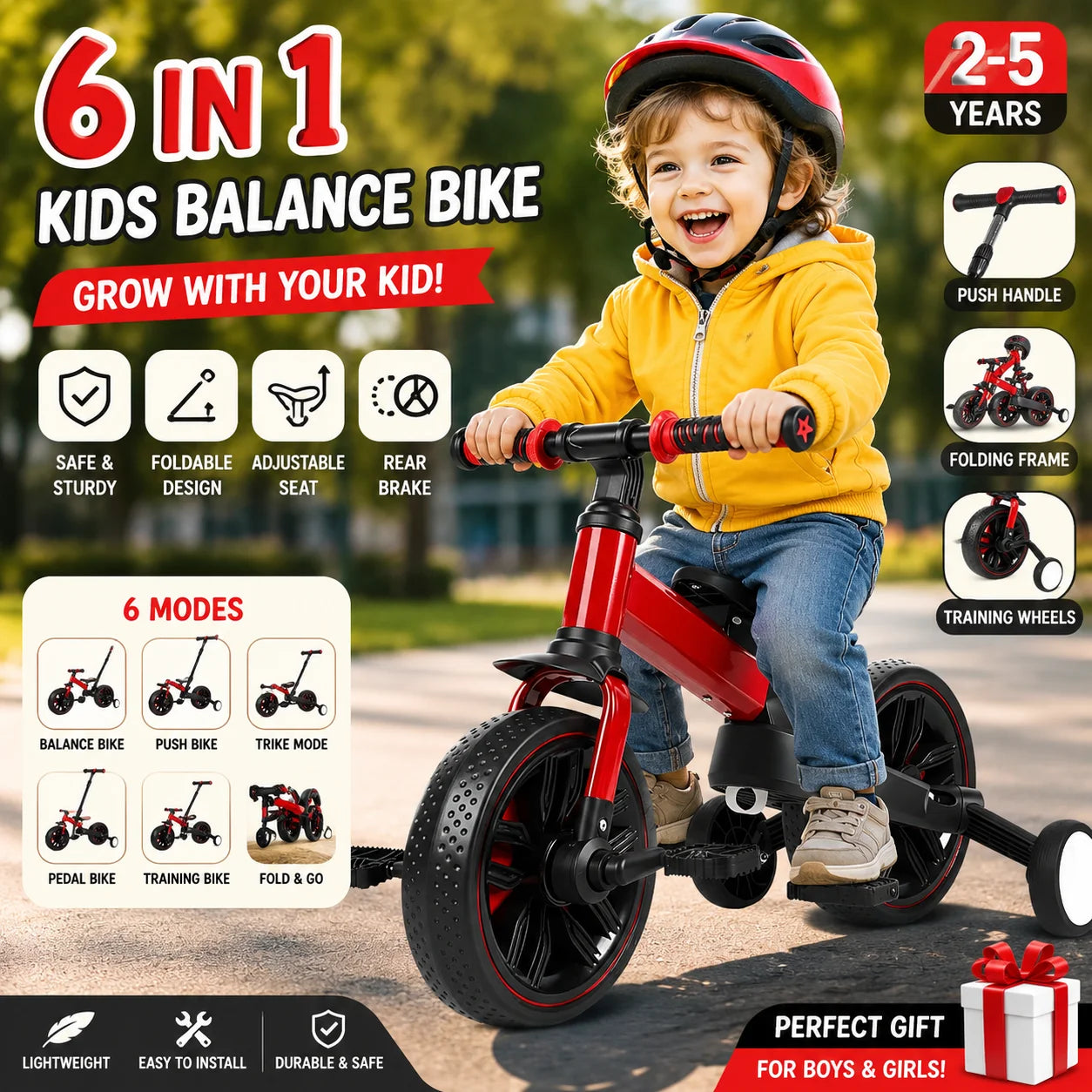 Kids Balance Bike 2-5 Years 6 in 1 Folding Push Bicycle with Training Wheels Pedals Brakes Kickstand for Boys Girls