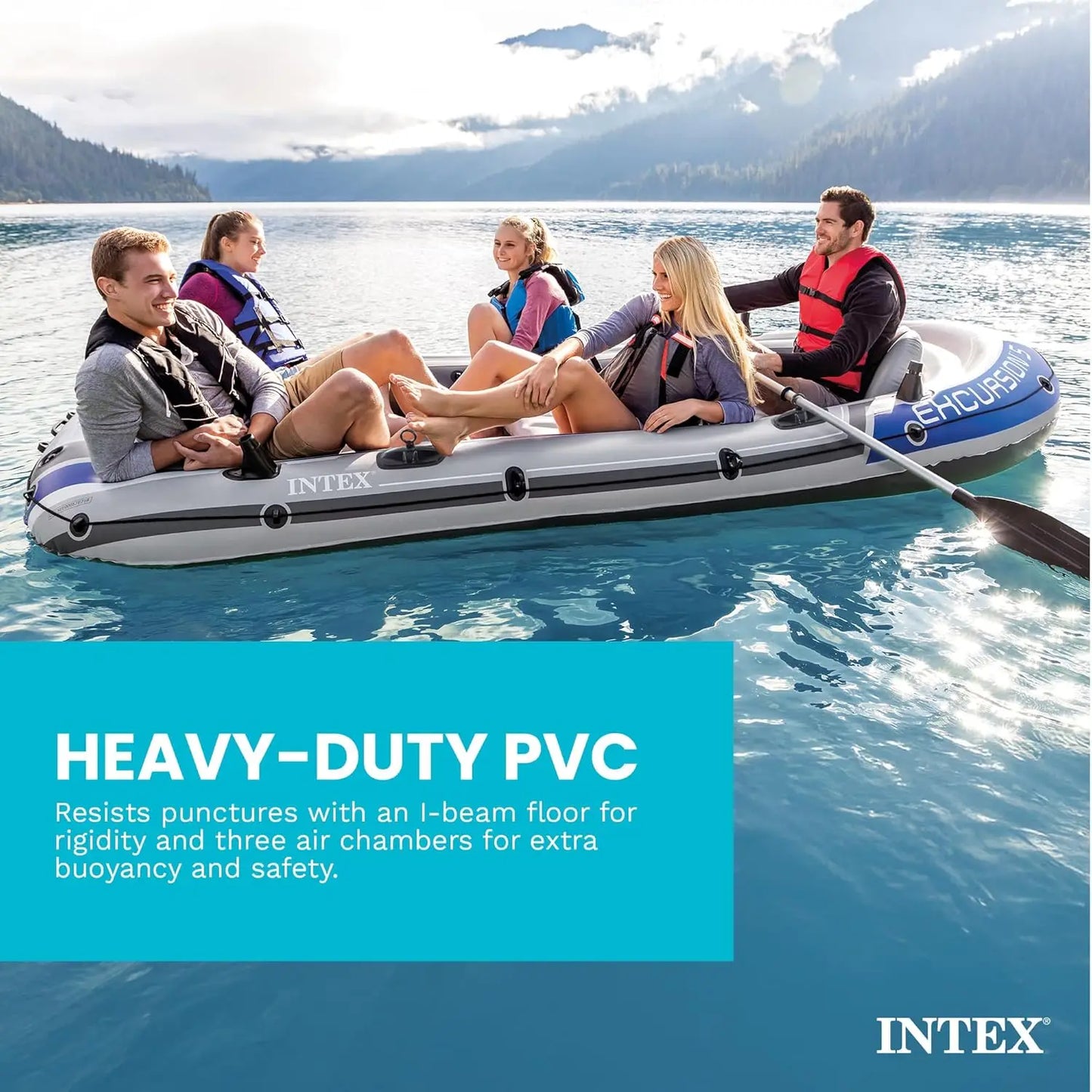 5 Person Inflatable Boat Set - Large 1,300 Lb Capacity Fishing Raft with Oars, Pump, Rod Holders