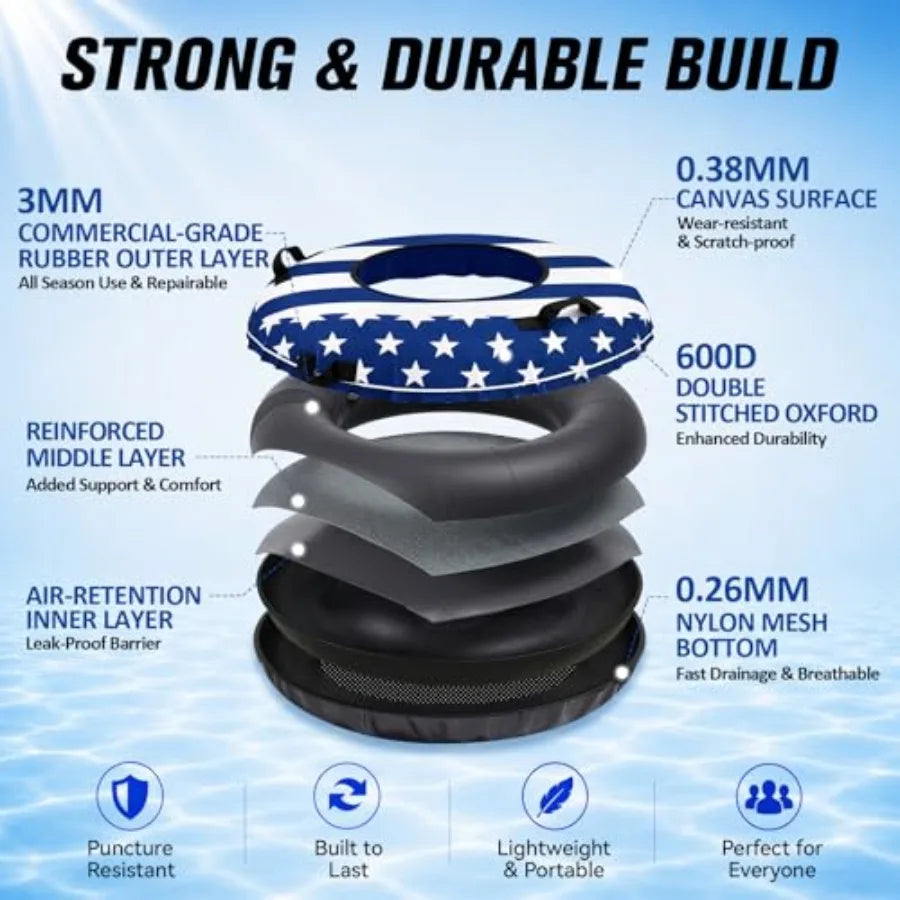 River Tube for adults lake pool floating, heavy duty rubber with commercial grade inner tube, premium canvas cover, removable c