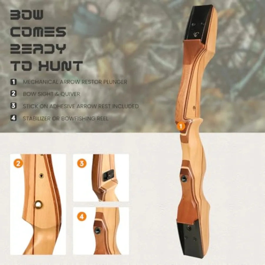 62 Inch Wooden Takedown Recurve Bow for Adult Youth Beginner Archery Training Hunting Practice Competition 20-50lbs Light Weigh