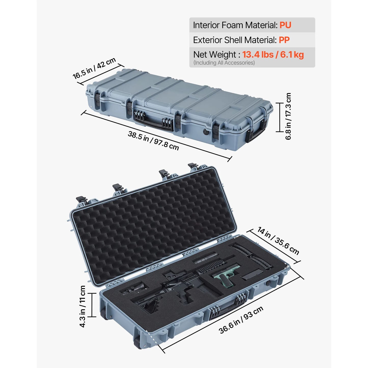 SucceBuy Hard Rifle Case Lockable Rifle Case w/ Pre-cut Foams & Wheels IP67 Waterproof Pistol Storage Cases for Rifles Shotguns