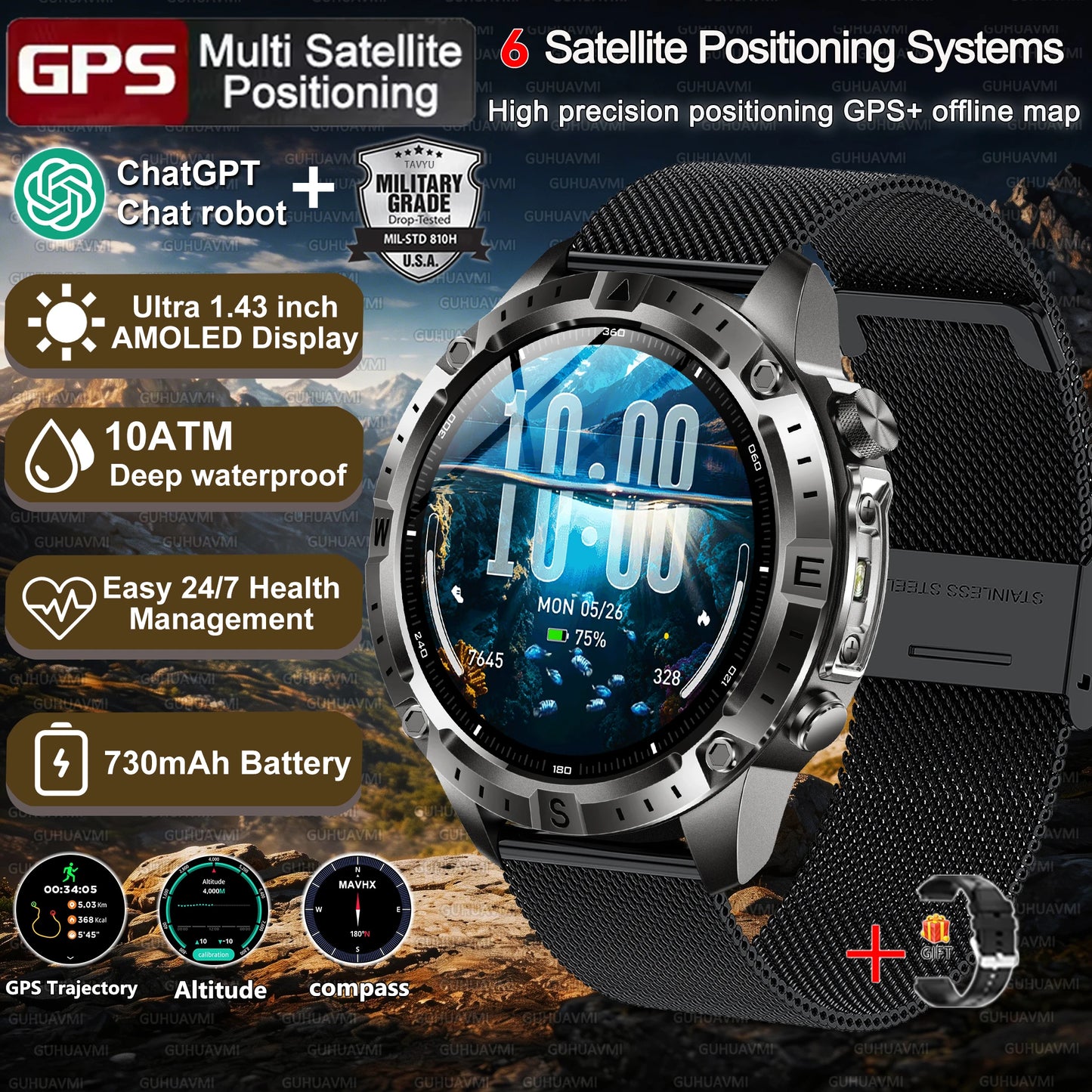 2026New Military Tank GPS SmartWatch Offline Map 10ATM Swim 2GB RAM Music Altitude Compass Bt Call Fitness Sports Smartwatch Men