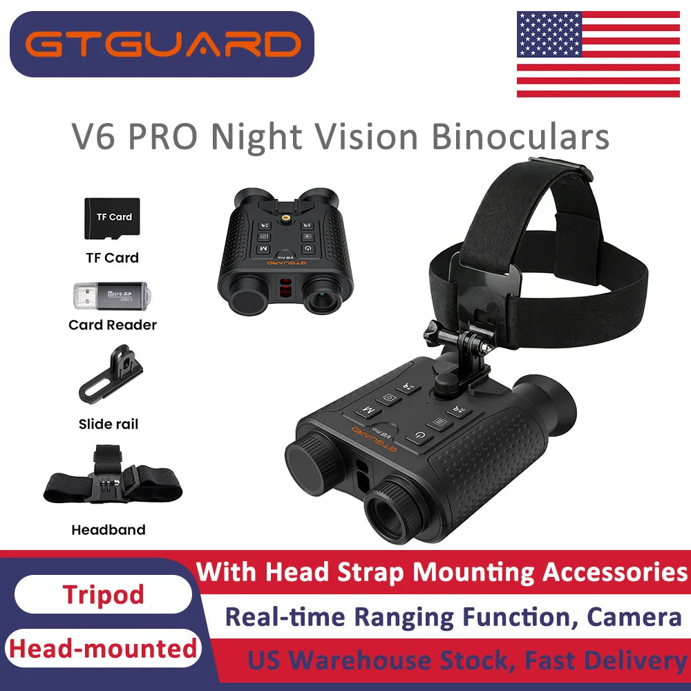 Night Vision Goggles GTGUARD V6 PRO 8X Digital Zoom Head-mounted Binoculars Telescope Crosshair Ranging Distance Measurement Support Helmet-mounted Hiking Animal Observation