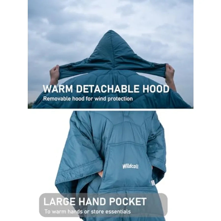 Hooded Camping Blanket with 3M Thinsulate Insulation Wearable Poncho Blanket Ultralight Foldable Quilt Sleeping Bag for Outdoor