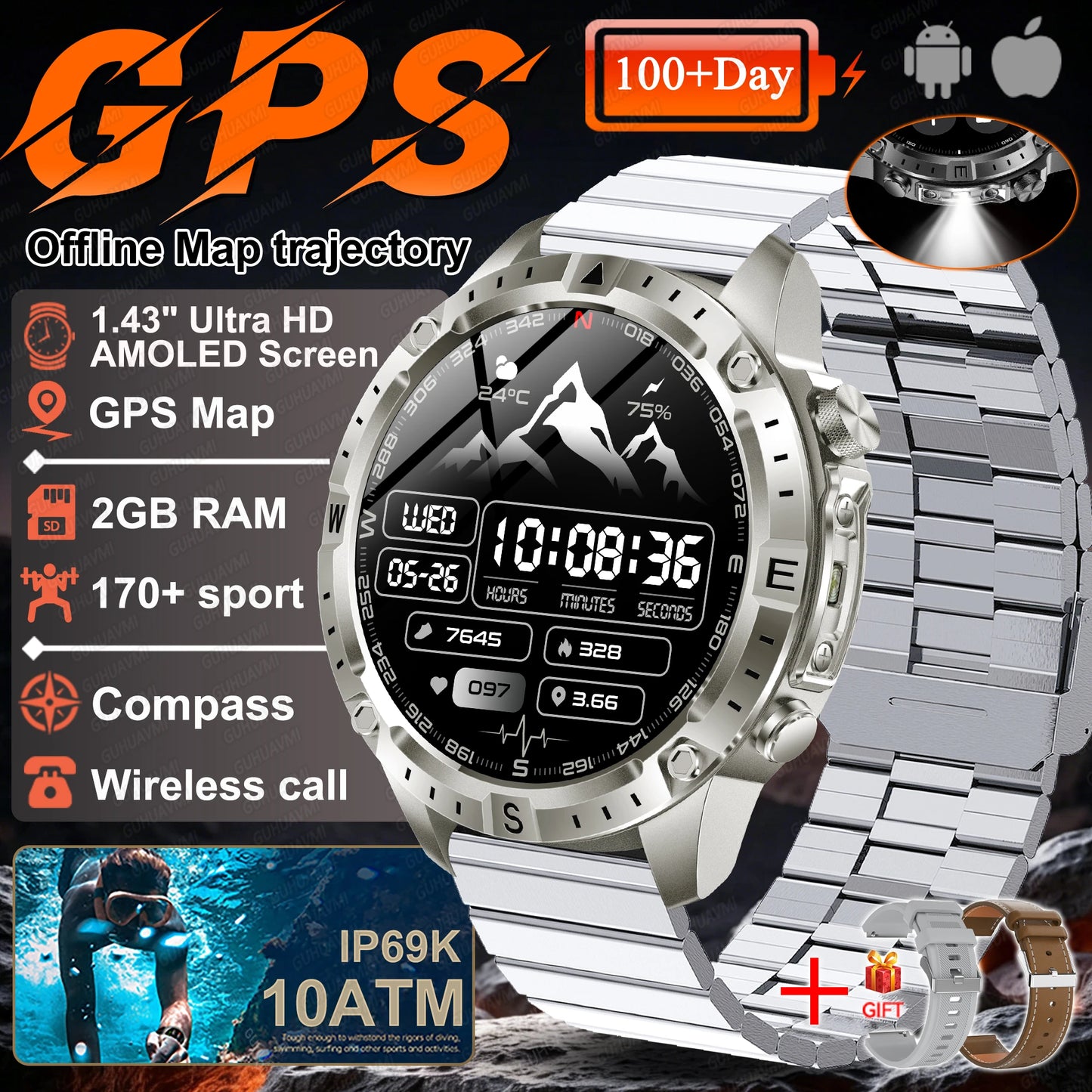 2026 NEW Outdoors Offline Map GPS Smart Watch L1+L2 Dual Band GPS Compass Cycling Run Swim Heart Rate 10ATM Military Smartwatchs