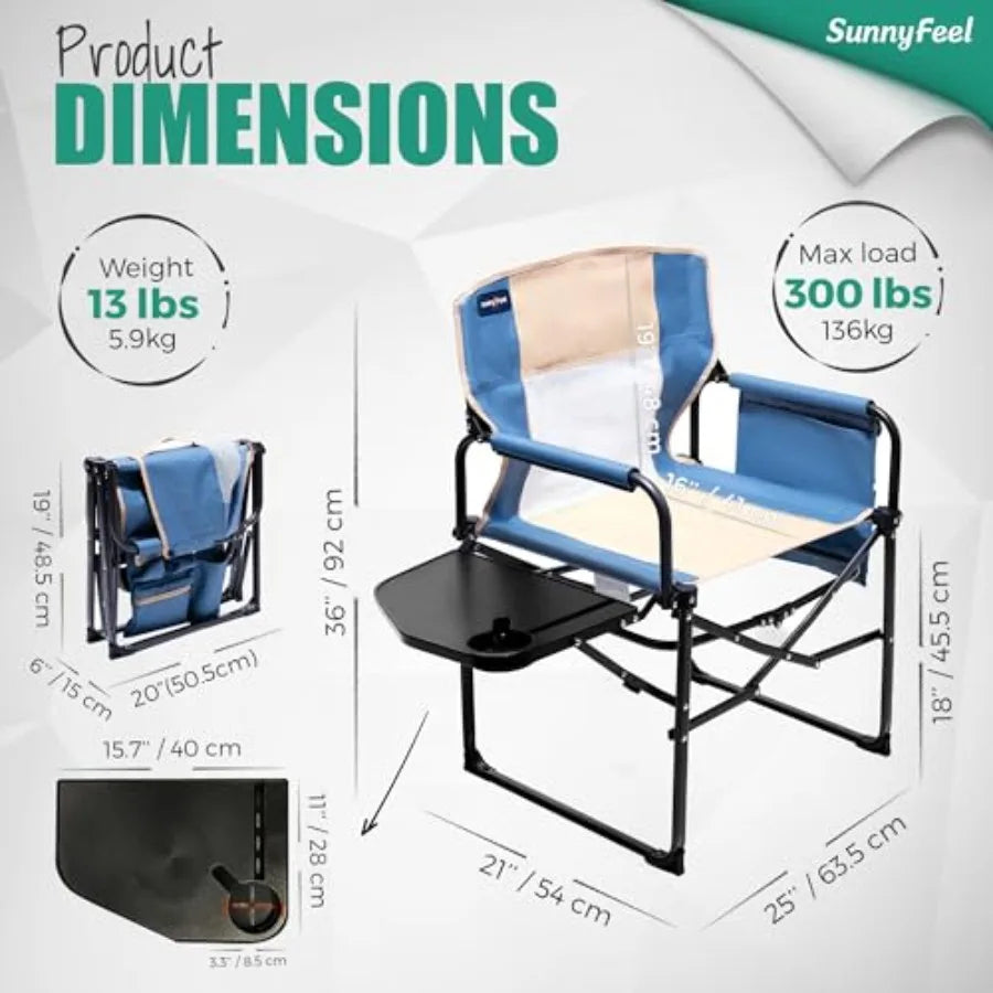 Oversized Camping Directors Chair for Outdoor Use, Heavy Duty Steel Frame with Black Fabric, Portable Folding Design with Side