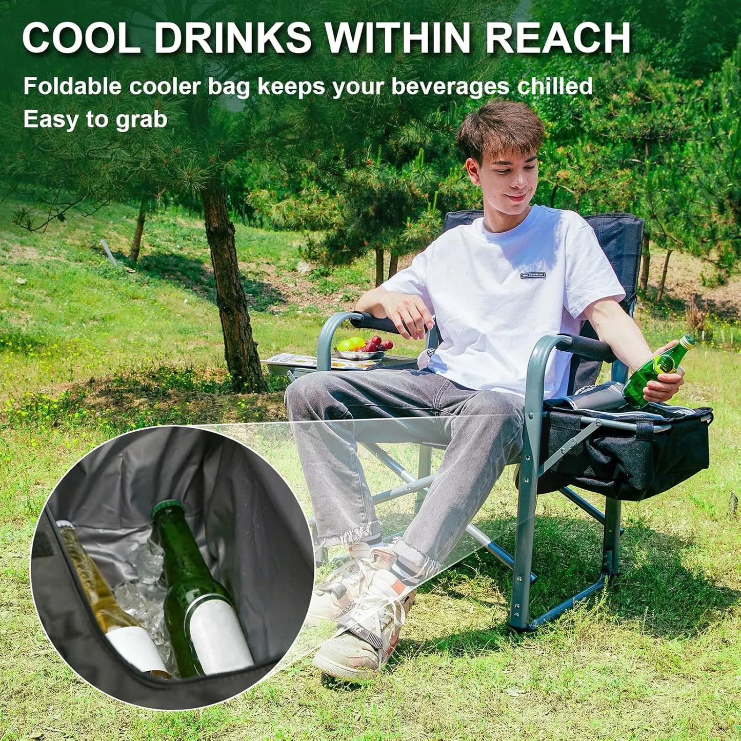 Oversized Folding Camping Chair with Side Table & Cooler Bag, Heavy Duty 600lbs, Wide Seat for Outdoor Sports