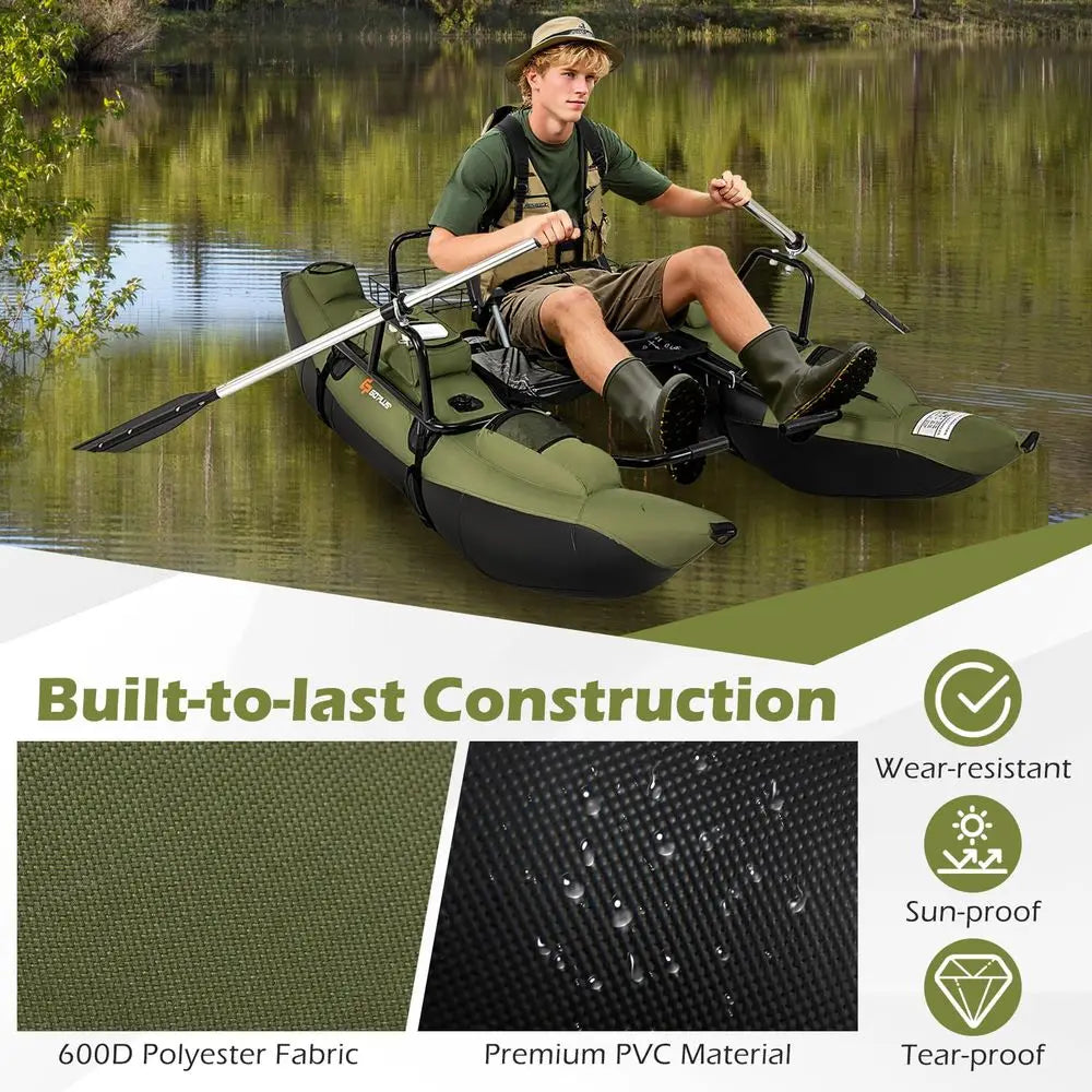 Inflatable Fishing Float Tube, Pontoon Boat w Foldable Padded Seat, Adjustable Footrest, Pump, Paddles, Fish Ruler, Storage Bas