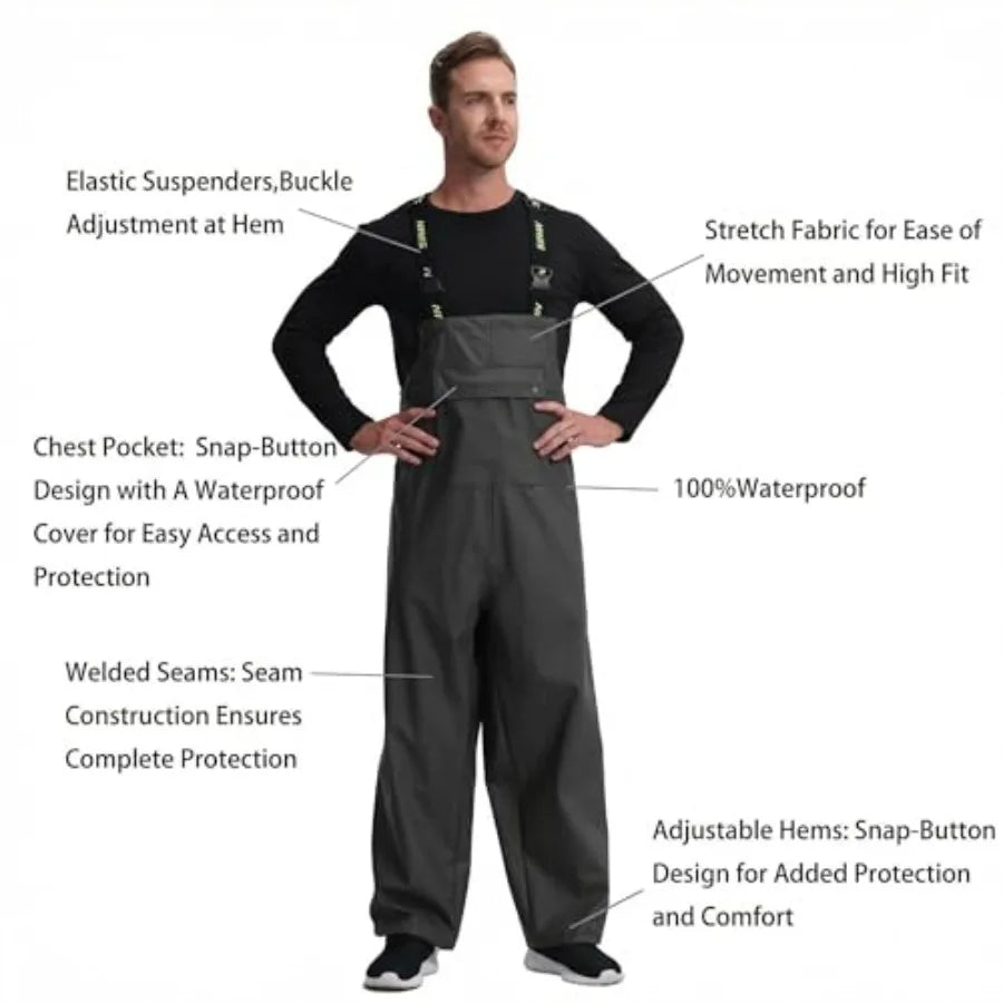 Men's Waterproof Workwear Bib Overalls - Heavy Duty Stretchable Rain Bibs for Fishing and Outdoor Work
