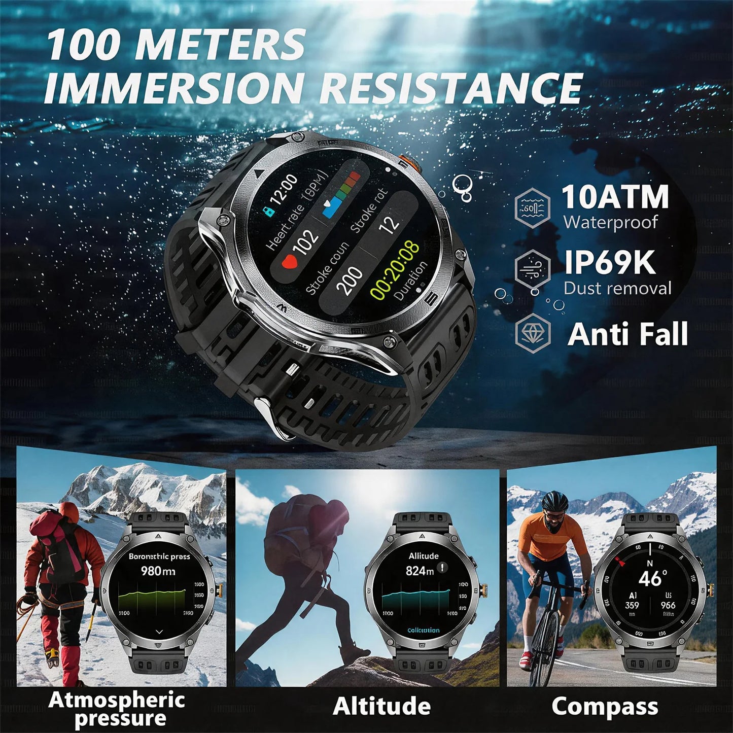 Military Grade Built‑in Map GPS Smart Watch 10ATM Waterproof 1000mAh 1.75" AMOLED Compass Altimeter BT Call Health Smart Watch