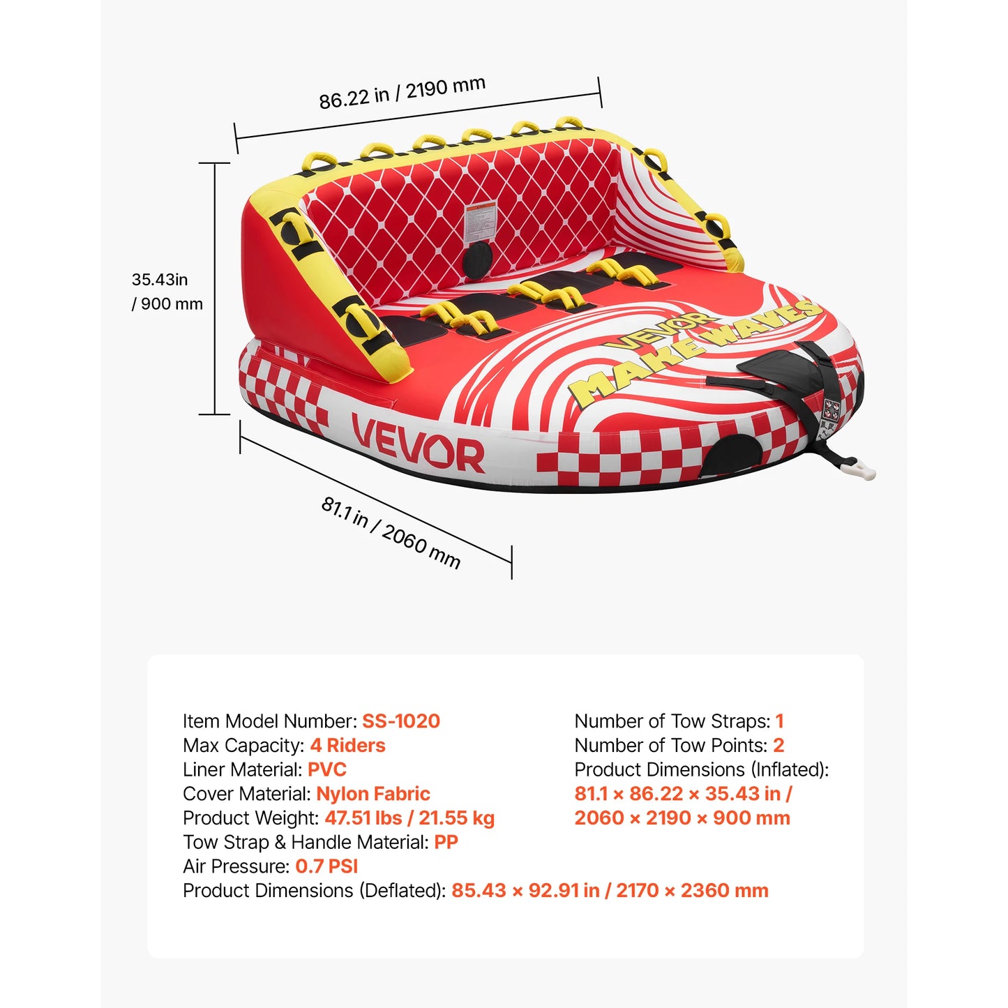 Towable Tubes for Boating 2/3/4-Rider 340/510/680 lbs Water Sports Boating Tubes-with Full Nylon Cover Dual Tow Points